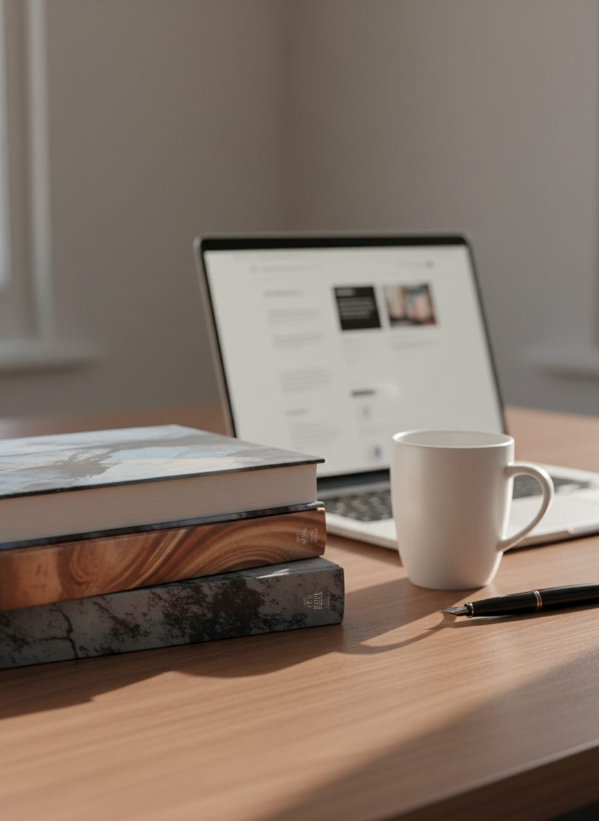 A neatly stacked trio of hardcover novels on a smooth wooden desk, each book featuring a different abstract, text-free cover design in muted blues, copper, and charcoal. A sleek, open laptop sits nearby displaying a blurred, textless author website layout, with a minimalist ceramic mug and a fountain pen resting beside it. Soft morning light from an unseen window spills across the desk, creating gentle highlights on the book spines and subtle shadows along the grain. Photographic realism, shot at eye level with a shallow depth of field so the front book is crisply in focus while the background fades into soft bokeh, conveying a professional, contemplative mood suitable for an author’s homepage.