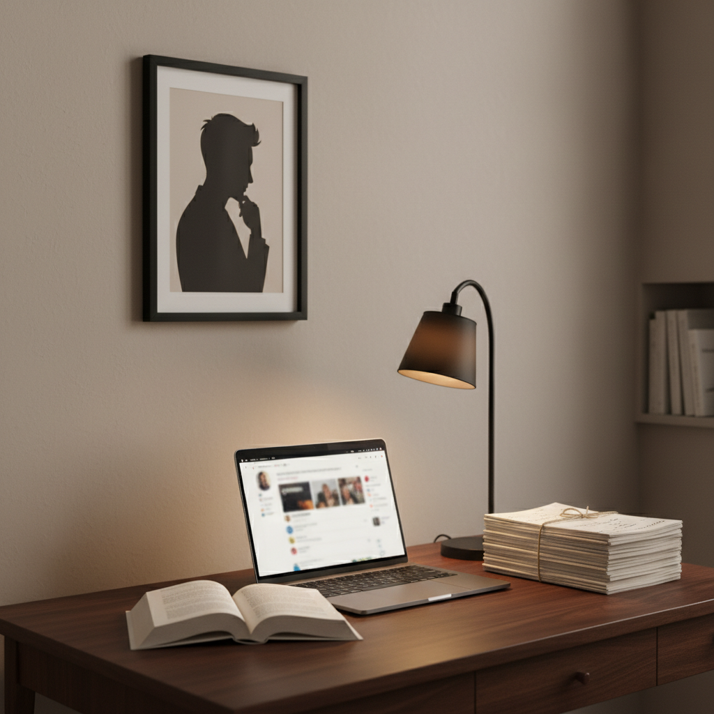 A minimalist author workspace featuring a dark wood desk against a softly textured neutral wall, with a single framed, abstract portrait silhouette suggesting an author hanging above. On the desk lies an open hardcover book with creamy pages, a slim laptop displaying a blurred social feed interface, and a stack of neatly annotated manuscripts tied with twine. Warm, diffused desk-lamp light pools over the center, creating a cozy yet professional atmosphere, while the background remains softly out of focus. Shot in photographic realism from a three-quarter angle, with the composition using the rule of thirds to highlight the sense of quiet concentration and thoughtful connection with readers.