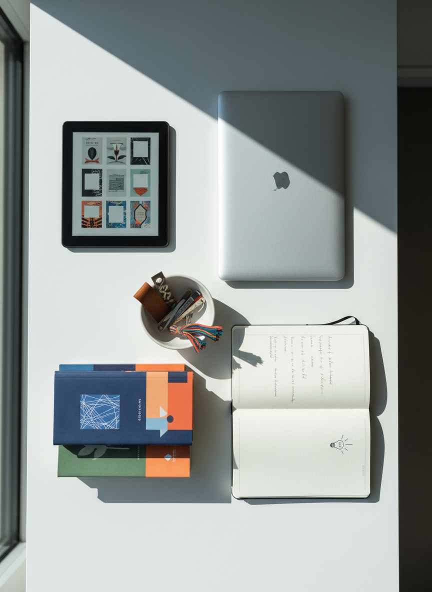 An organized digital-meets-analog writing setup on a white desk: an e-reader displaying a grid of textless book cover thumbnails, a closed laptop, and a slim notebook opened to a page of handwritten notes. Beside them sits a small stack of differently colored novels with clean, modern dust jackets, and a ceramic bowl holding bookmarks. Cool morning light from a large window off to the side casts crisp, soft-edged shadows, giving the scene a fresh, focused atmosphere. Shot from directly above in photographic realism, the flat-lay composition is clean and modern, ideal for a blog or updates section on an author’s professional website about books and reading.