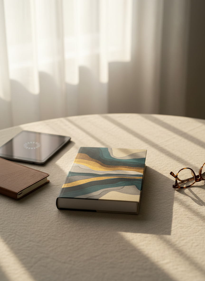 A single, elegantly designed novel lying centered on a linen-covered table, its dust jacket featuring a sophisticated, text-free illustration inspired by literary fiction: layered tones of deep teal, warm gold, and soft gray. Around it sit a closed notebook, a slim digital tablet with a blurred, textless update page, and a pair of reading glasses folded neatly. Late afternoon light filters through sheer curtains, casting long, calm shadows and a warm glow across the objects. Captured from a slightly elevated angle in photographic realism, with a balanced, uncluttered composition that feels professional and reader-focused, ideal for showcasing a latest release on an author’s site.