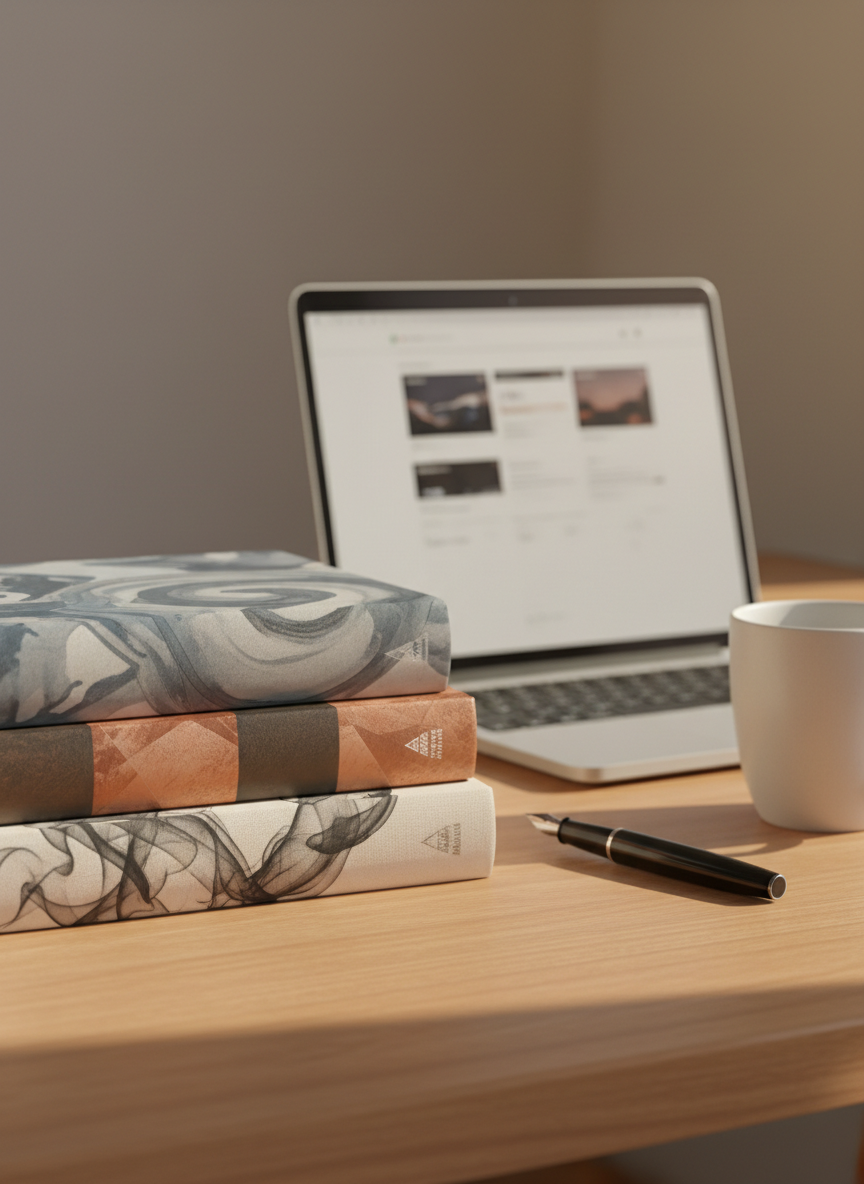 A neatly stacked trio of hardcover novels on a smooth wooden desk, each book featuring a different abstract, text-free cover design in muted blues, copper, and charcoal. A sleek, open laptop sits nearby displaying a blurred, textless author website layout, with a minimalist ceramic mug and a fountain pen resting beside it. Soft morning light from an unseen window spills across the desk, creating gentle highlights on the book spines and subtle shadows along the grain. Photographic realism, shot at eye level with a shallow depth of field so the front book is crisply in focus while the background fades into soft bokeh, conveying a professional, contemplative mood suitable for an author’s homepage.