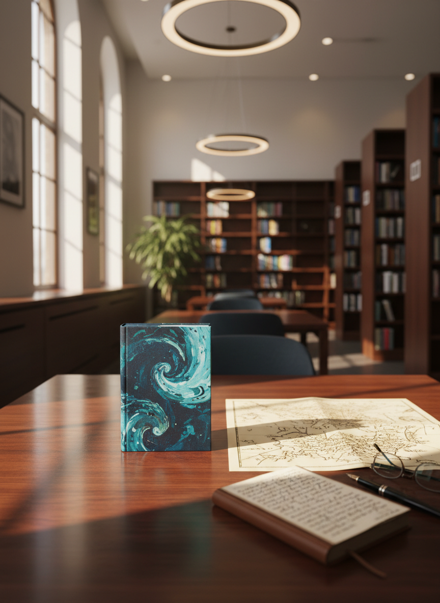 A polished wooden table in a quiet corner of a modern library, covered with an orderly spread of materials related to a single featured novel: a prominently placed hardcover with striking, text-free artwork, a printed map or diagram hinting at the story’s world, and a slim notebook filled with tiny, illegible annotations. In the background, tall bookshelves fade into a soft blur under warm overhead lighting. Golden hour light filters through high windows, blending with the interior lights to create a thoughtful, slightly cinematic glow. Photographic realism, eye-level composition, and moderate depth of field evoke a sense of immersive, reader-focused exploration of the author’s work.