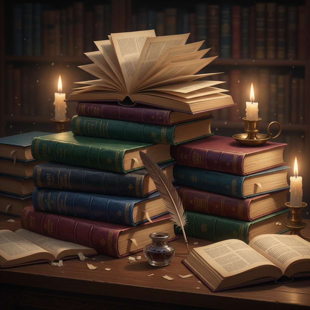A beautiful atmospheric collection of leather-bound academic books stacked on a dark wooden surface, jewel-toned spines, warm candlelit glow, dark academia aesthetic.